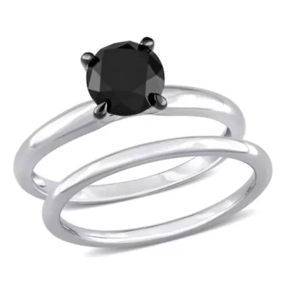 1.5 ct. t.w. Black Diamond Engagement Ring Set 10K White Gold with Rhodium Plated