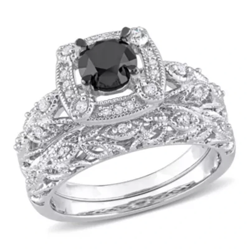 1.15 ct. t.w. Black and White Diamond Bridal Ring Set Sterling Silver