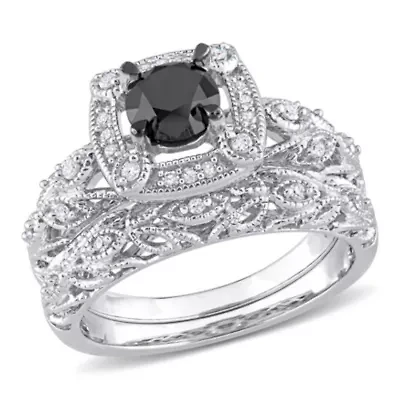 1.15 ct. t.w. Black and White Diamond Bridal Ring Set Sterling Silver