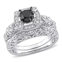 1.15 ct. t.w. Black and White Diamond Bridal Ring Set Sterling Silver