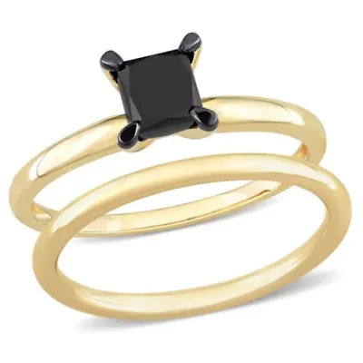 1 ct. t.w. Black Diamond Engagement Ring Set 14K Yellow Gold with Rhodium Plated