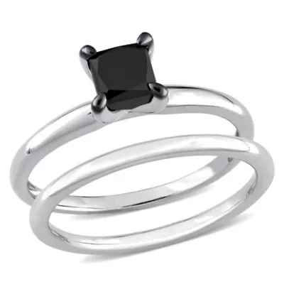 1 ct. t.w. Black Diamond Engagement Ring Set 10K White Gold with Rhodium Plated