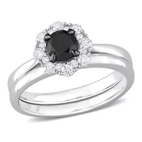 1 ct. t.w. Black and White Diamond Bridal Ring 14K Gold with Rhodium Plated