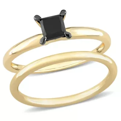 3/4 ct. t.w. Black Diamond Engagement Ring Set 14K Yellow Gold with Rhodium Plated