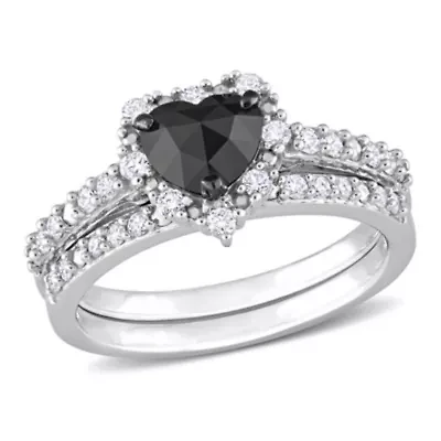 1.02 ct. t.w. Black and White Diamond Halo Bridal Ring Set 10K Gold