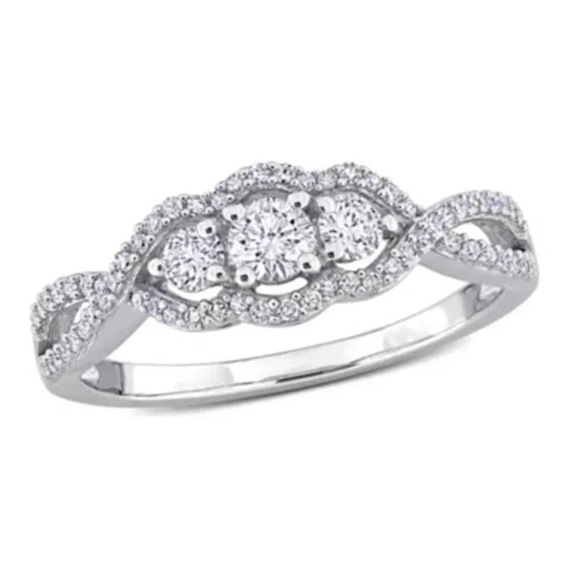 1/2 ct. t.w. Diamond 3-Stone Halo Engagement Ring 14K White Gold