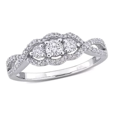 1/2 ct. t.w. Diamond 3-Stone Halo Engagement Ring 14K White Gold