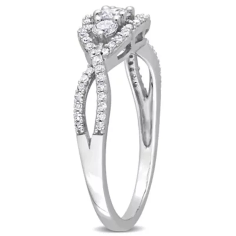 1/2 ct. t.w. Diamond 3-Stone Halo Engagement Ring 14K White Gold