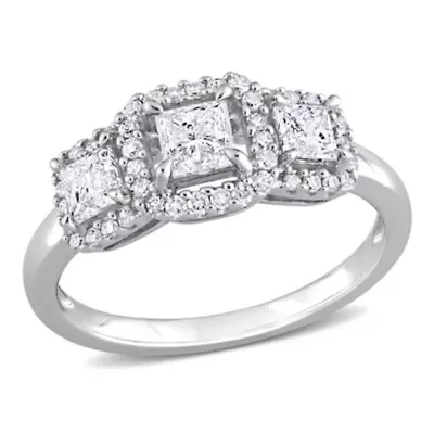 1 ct. t.w. Diamond 3-Stone Halo Engagement Ring 14K White Gold