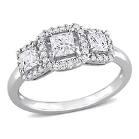 1 ct. t.w. Diamond 3-Stone Halo Engagement Ring 14K White Gold