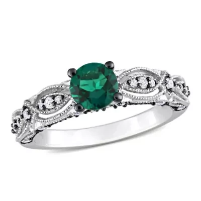 Lab Created Emerald and White Sapphire with 1/10 ct. t.w. Diamond Accent Vintage Ring 10K Gold