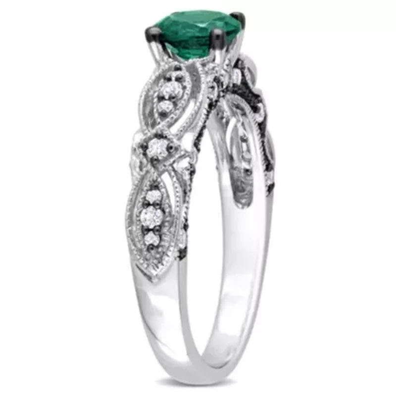 Lab Created Emerald and White Sapphire with 1/10 ct. t.w. Diamond Accent Vintage Ring 10K Gold