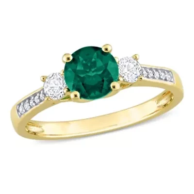 Lab Created Emerald and White Sapphire with Diamond Accent 3-Stone Ring 10K Yellow Gold