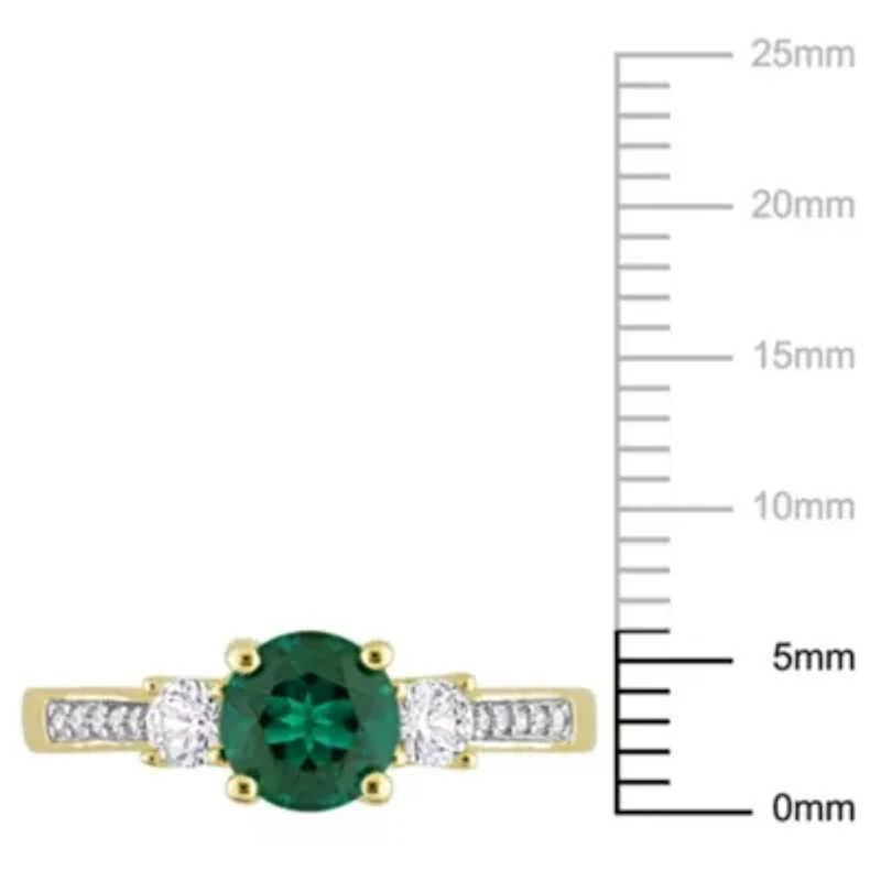 Lab Created Emerald and White Sapphire with Diamond Accent 3-Stone Ring 10K Yellow Gold
