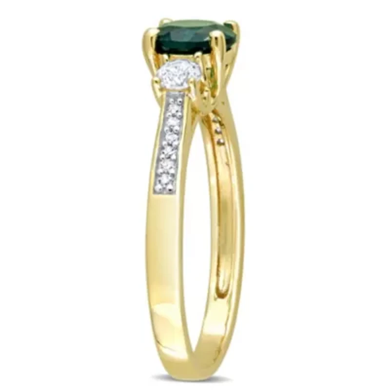 Lab Created Emerald and White Sapphire with Diamond Accent 3-Stone Ring 10K Yellow Gold
