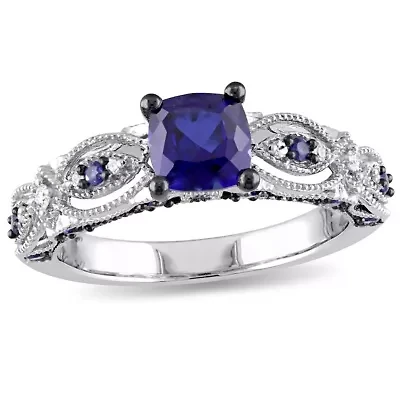 Lab Created Blue Sapphire and 1/10 ct. t.w. Diamond Vintage Ring 10K White Gold with Black Rhodium