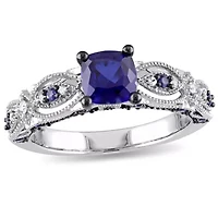 Lab Created Blue Sapphire and 1/10 ct. t.w. Diamond Vintage Ring 10K White Gold with Black Rhodium