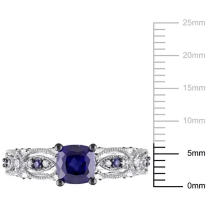 Lab Created Blue Sapphire and 1/10 ct. t.w. Diamond Vintage Ring 10K White Gold with Black Rhodium