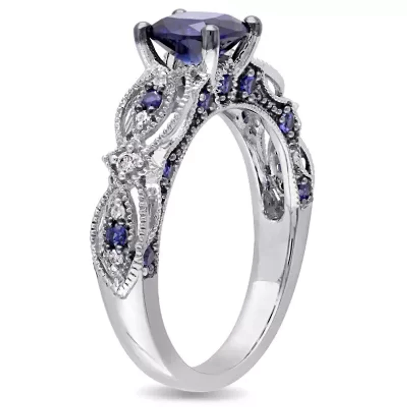 Lab Created Blue Sapphire and 1/10 ct. t.w. Diamond Vintage Ring 10K White Gold with Black Rhodium