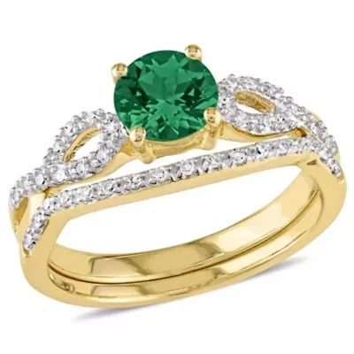 Lab Created Emerald and 1/7 ct. t.w. Diamond Vintage Bridal Ring set 10K Yellow Gold