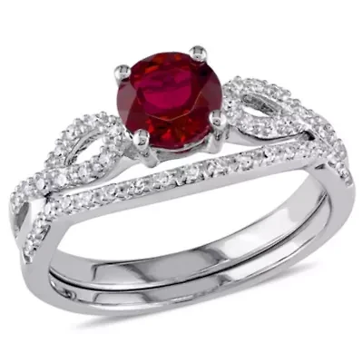 Lab Created Ruby and 1/6 ct. t.w. Diamond Infinity Bridal Ring Set 10K White Gold