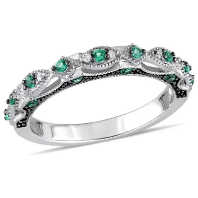 Lab Created Emerald and Diamond Accent Vintage Anniversary Ring 10K White Gold with Black Rhodium