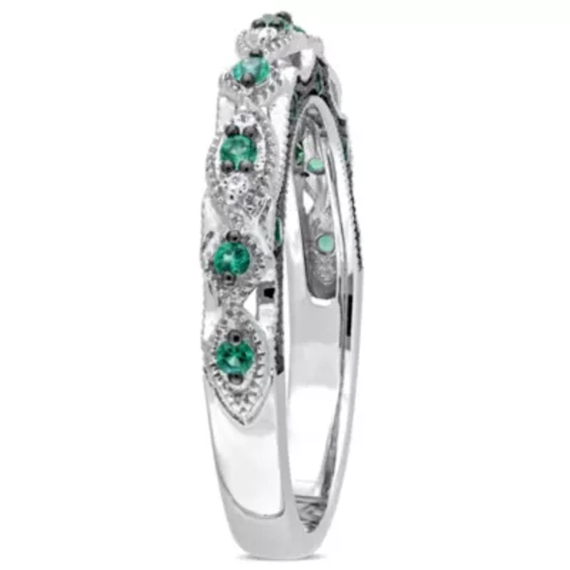 Lab Created Emerald and Diamond Accent Vintage Anniversary Ring 10K White Gold with Black Rhodium