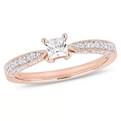 Lab Created White Sapphire and Diamond Engagement Ring Rose Plated Sterling Silver