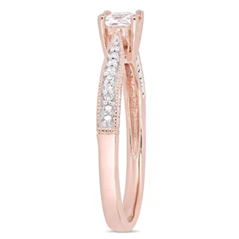 Lab Created White Sapphire and Diamond Engagement Ring Rose Plated Sterling Silver