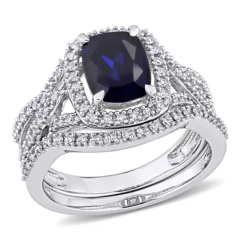 Lab Created Blue Sapphire and 1/4 ct. t.w. Diamond Bridal Ring Set 10K White Gold