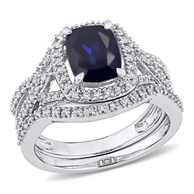 Lab Created Blue Sapphire and 1/4 ct. t.w. Diamond Bridal Ring Set 10K White Gold