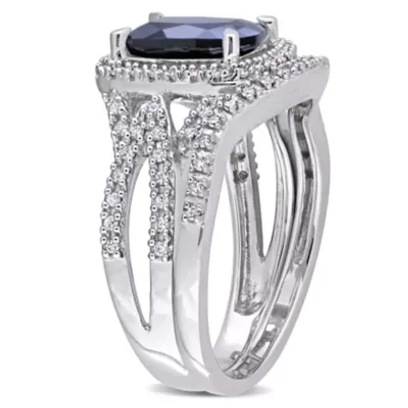 Lab Created Blue Sapphire and 1/4 ct. t.w. Diamond Bridal Ring Set 10K White Gold