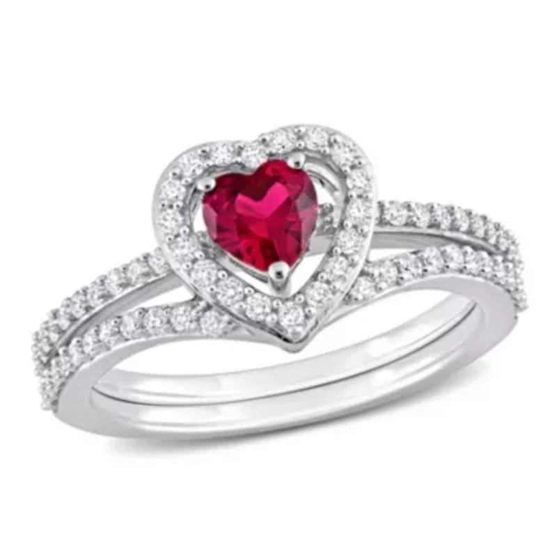 Lab Created Ruby and 1/2 ct. t.w. Diamond Bridal Ring Set 10K White Gold