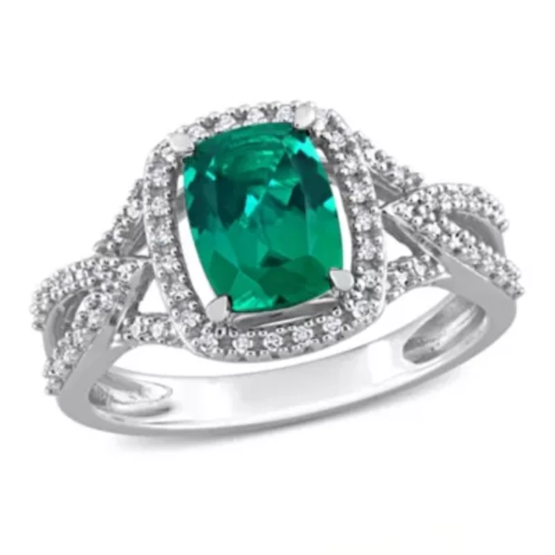 Lab Created Emerald and 1/6 ct. t.w. Diamond Split-Shank Halo Ring 10K White Gold