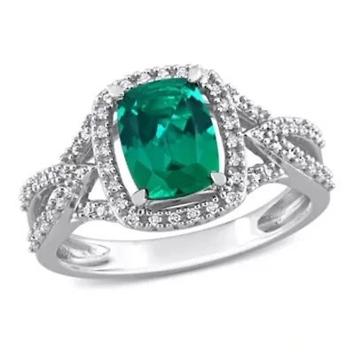 Lab Created Emerald and 1/6 ct. t.w. Diamond Split-Shank Halo Ring 10K White Gold
