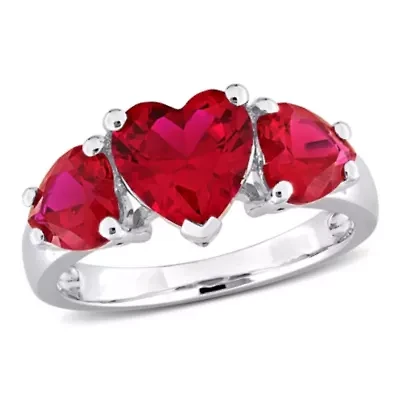 Lab Created Ruby 3-Stone Heart Ring Sterling Silver