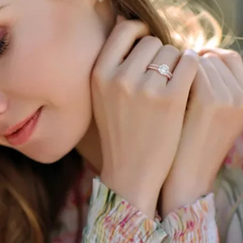 Lab Created White Sapphire Bridal Ring Set 10K Rose Gold