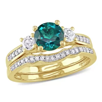 Lab Created Emerald and 1/8 ct. t.w. Diamond Bridal Ring Set 10K Yellow Gold