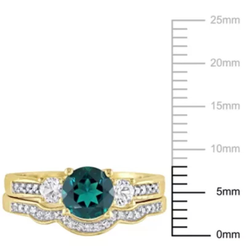 Lab Created Emerald and 1/8 ct. t.w. Diamond Bridal Ring Set 10K Yellow Gold