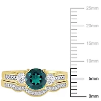 Lab Created Emerald and 1/8 ct. t.w. Diamond Bridal Ring Set 10K Yellow Gold