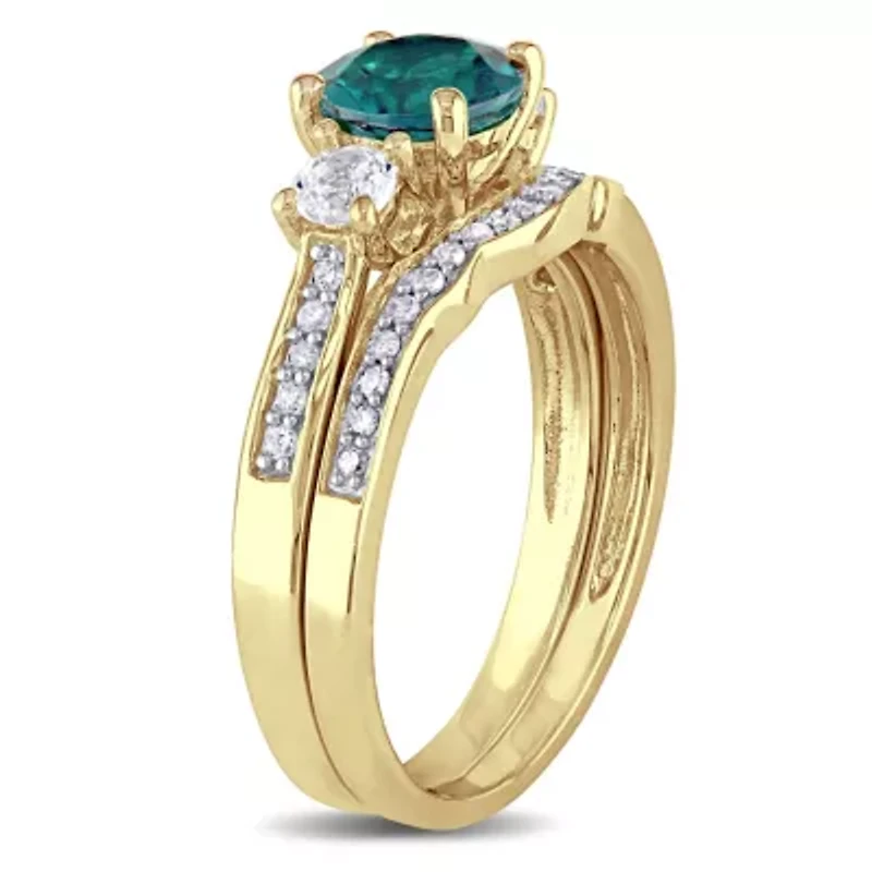 Lab Created Emerald and 1/8 ct. t.w. Diamond Bridal Ring Set 10K Yellow Gold