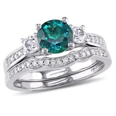 Lab Created Emerald and White Sapphire with 1/7 ct. t.w. Diamond 3-Stone Vintage Bridal Ring Set 10K Gold