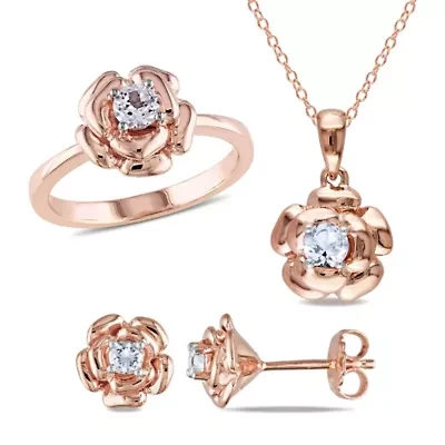 Lab Created 3-Pc Set of White Sapphire Floral Ring, Earrings and Pendant with Chain Rose Plated Sterling Silver