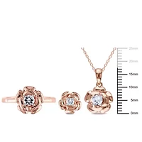 Lab Created 3-Pc Set of White Sapphire Floral Ring, Earrings and Pendant with Chain Rose Plated Sterling Silver