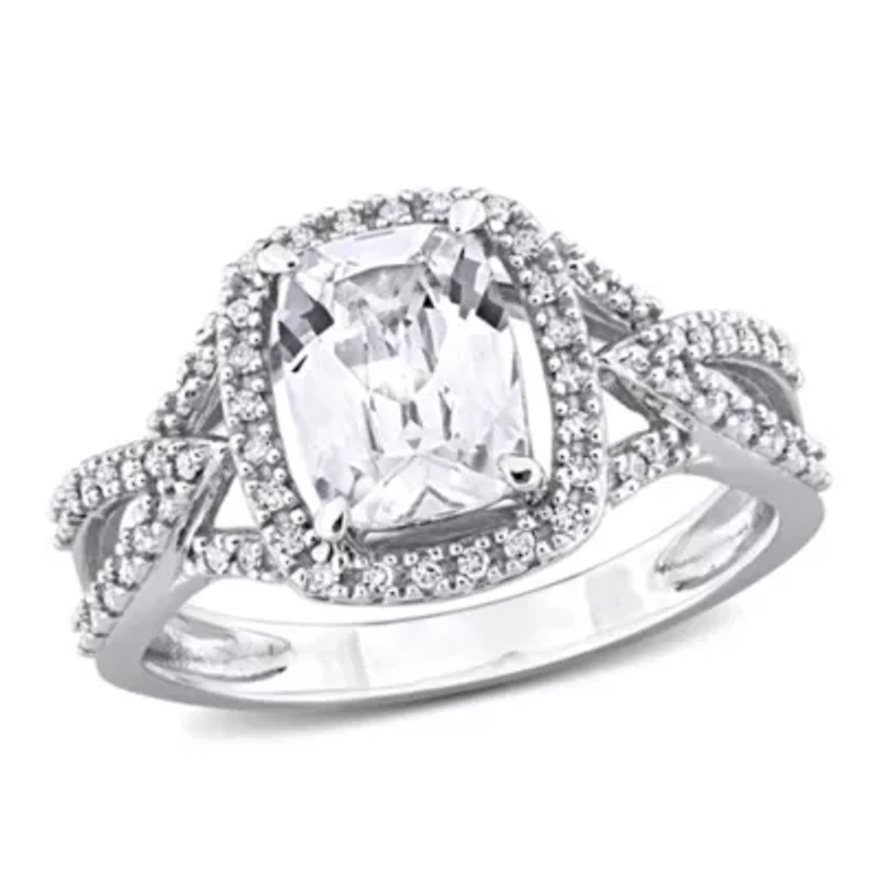Lab Created White Sapphire and 1/6 ct. t.w. Diamond Halo Split-Shank Ring 10K Gold