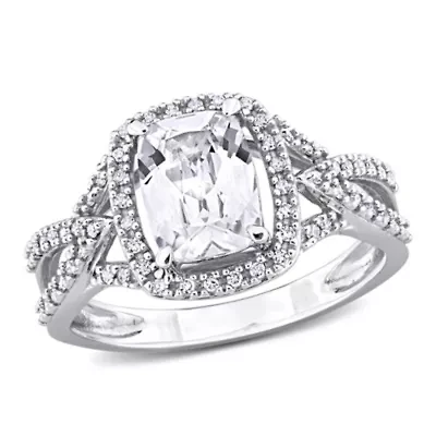 Lab Created White Sapphire and 1/6 ct. t.w. Diamond Halo Split-Shank Ring 10K Gold