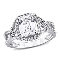 Lab Created White Sapphire and 1/6 ct. t.w. Diamond Halo Split-Shank Ring 10K Gold