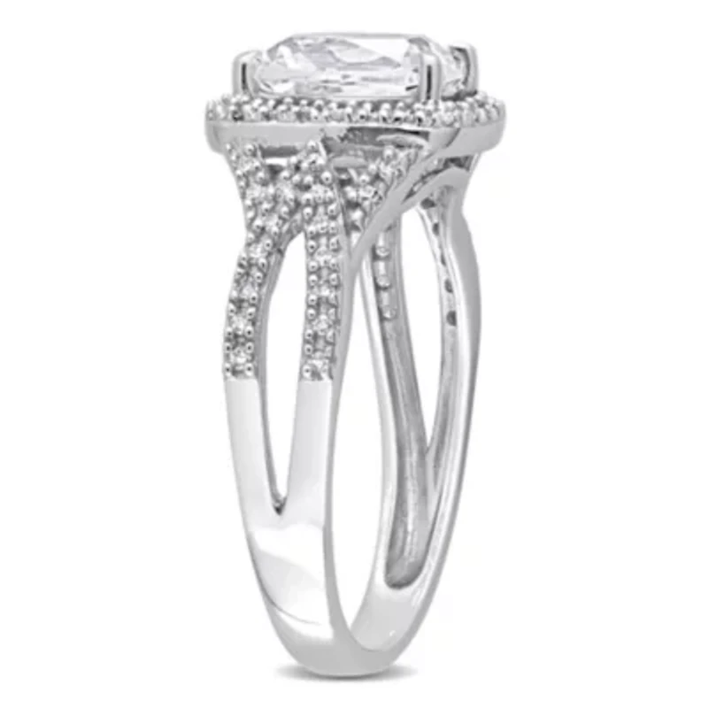 Lab Created White Sapphire and 1/6 ct. t.w. Diamond Halo Split-Shank Ring 10K Gold
