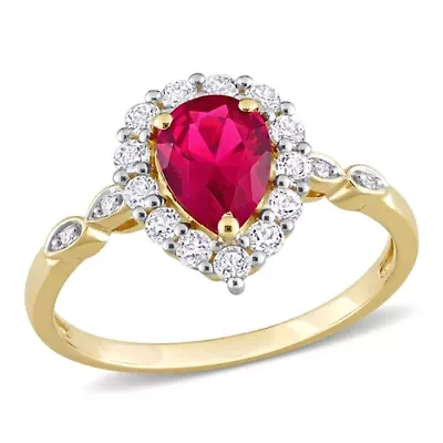 Lab Created Ruby and White Topaz with Diamond Accent Halo Ring 10K Yellow Gold