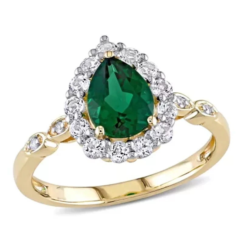 Lab Created Emeraldand White Topaz with Diamond Accent Teardrop Halo Ring 10K Yellow Gold